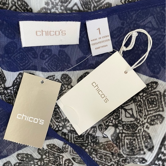 Chico’s Semi Sheer Boho Peasant Floral Blouse Navy White Print Women’s Size M - Picture 7 of 7